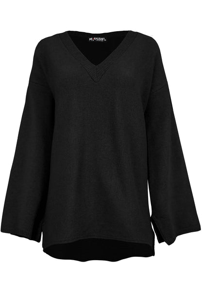 Womens Ladies V Neck Side Split Sleeve Hi Lo Oversized Baggy Knitted Jumper Top