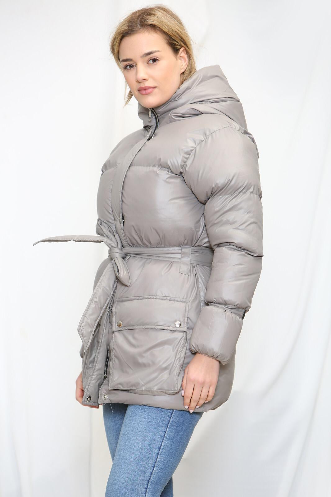 Womens Ladies Quilted Padded Winter Jacket Belt Puffer Zip Thick Warm Coat XS-XL