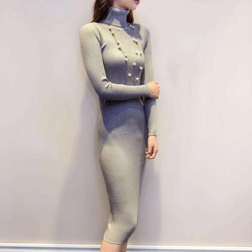 Women Autumn Winter Sweater Knitted Dresses Slim Elastic Turtleneck Long Sleeve Sexy Lady Bodycon Robe Dresses Vestidos