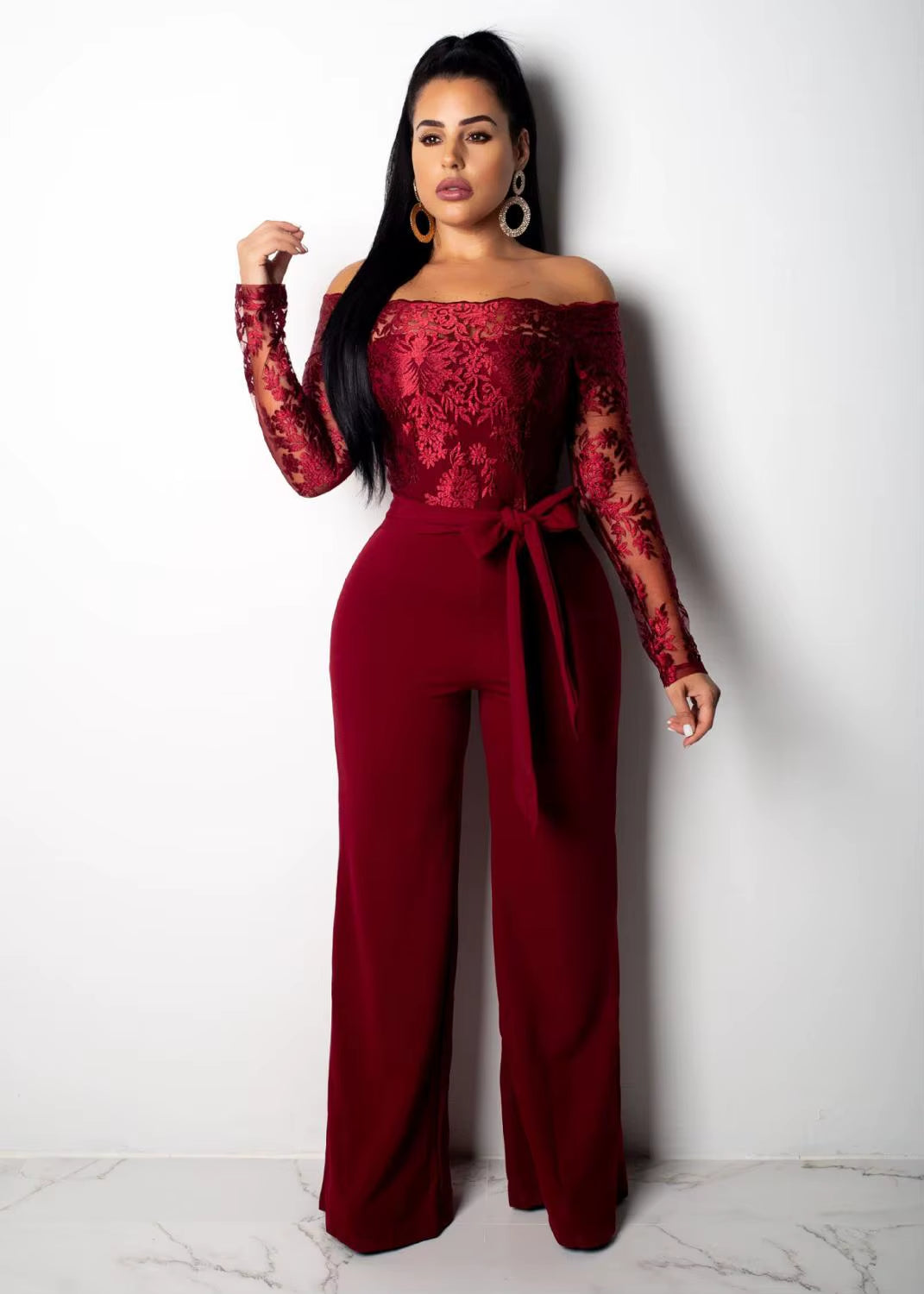 Appliques Lace Patchwork Jumpsuit Women Sexy off Shoulder Slash Neck Long Sleeve Elegant Wide Leg Pants Jumpsuit Party Overalls