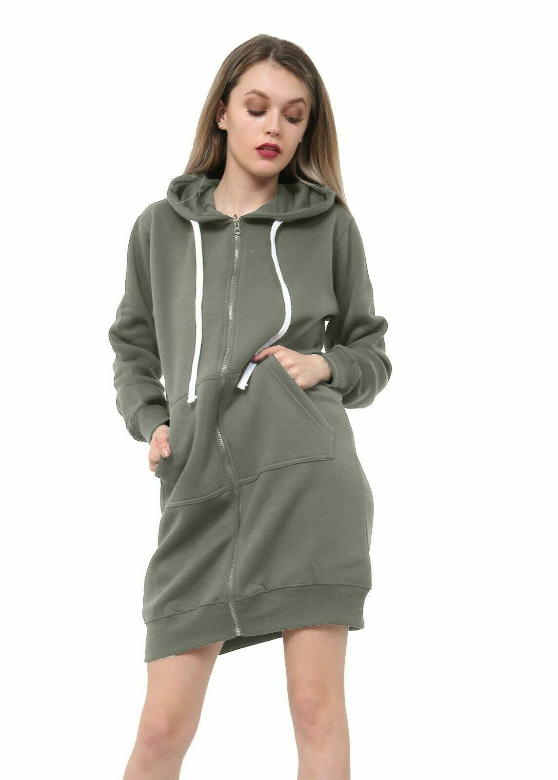 Women Hoodies Casual Zipper Sweatshirt Coat Ladies Long Hoodie Plain Mini Jumper