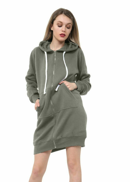 Women Hoodies Casual Zipper Sweatshirt Coat Ladies Long Hoodie Plain Mini Jumper