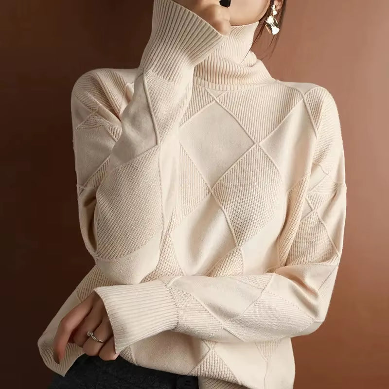 Autumn and Winter New Women'S Pullover Sweater Thickened Warmth Fashion Knitted Wool Sweater High Collar DF4845