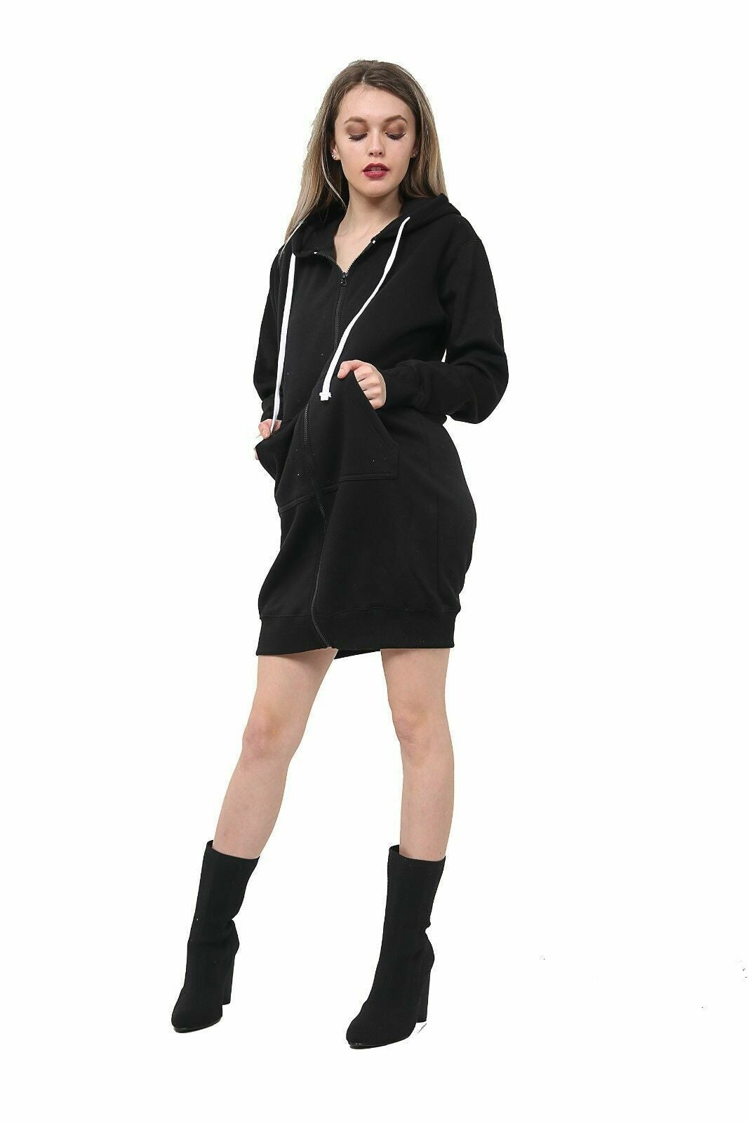 Women Hoodies Casual Zipper Sweatshirt Coat Ladies Long Hoodie Plain Mini Jumper