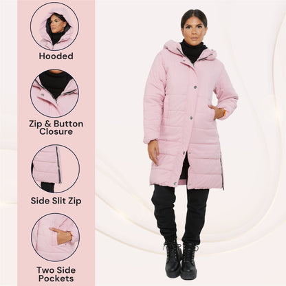 Womens Ladies Longline Hooded Jacket Long Sleeve Puffer Padded Bodywarmer Coat