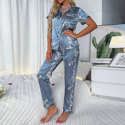 Pajamas Set Long Sleeve Sleepwear Women Button down Nightwear Pj Sets Print Shirt with Trouser Loungewear Female Pyjamas Suits