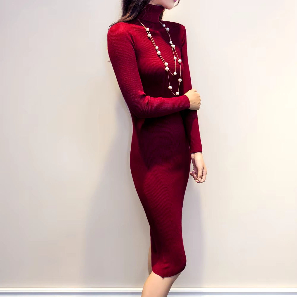 Women Autumn Winter Sweater Knitted Dresses Slim Elastic Turtleneck Long Sleeve Sexy Lady Bodycon Robe Dresses Vestidos