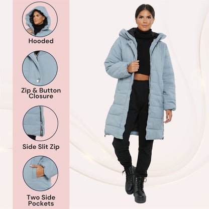 Womens Ladies Longline Hooded Jacket Long Sleeve Puffer Padded Bodywarmer Coat