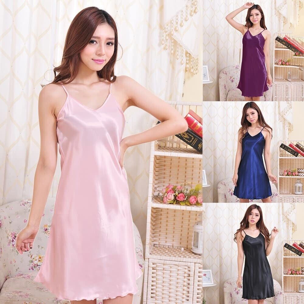 Women Sexy Satin Chemise Lingerie Sleepwear Nightdress Cami Slip Dress Nightwear