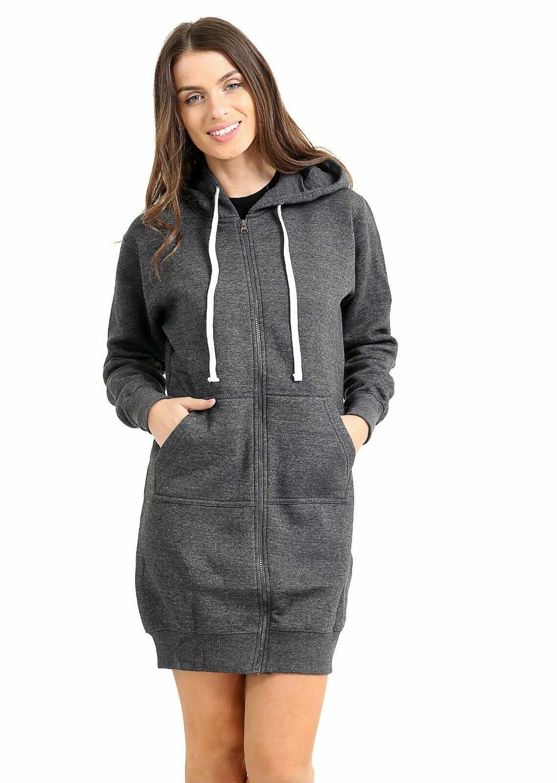 Women Hoodies Casual Zipper Sweatshirt Coat Ladies Long Hoodie Plain Mini Jumper