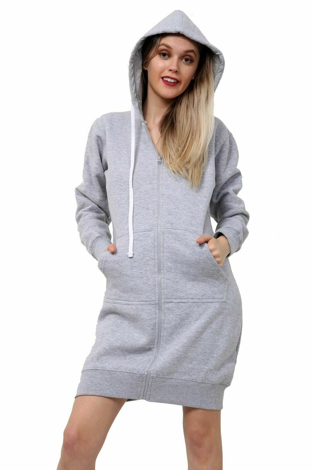 Women Hoodies Casual Zipper Sweatshirt Coat Ladies Long Hoodie Plain Mini Jumper