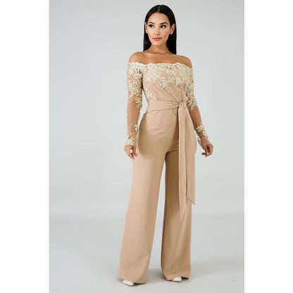 Appliques Lace Patchwork Jumpsuit Women Sexy off Shoulder Slash Neck Long Sleeve Elegant Wide Leg Pants Jumpsuit Party Overalls