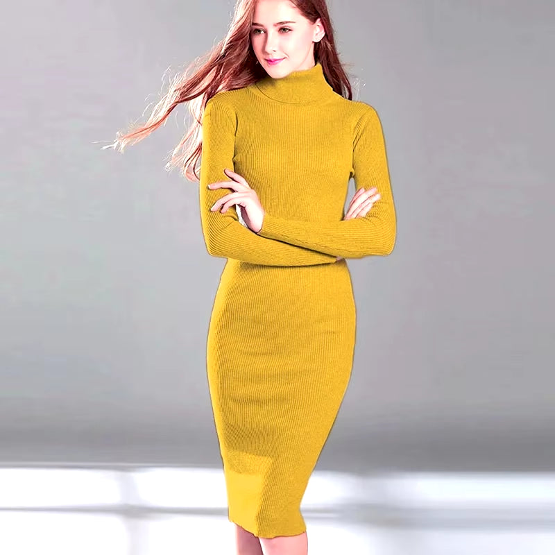 Women Autumn Winter Sweater Knitted Dresses Slim Elastic Turtleneck Long Sleeve Sexy Lady Bodycon Robe Dresses Vestidos