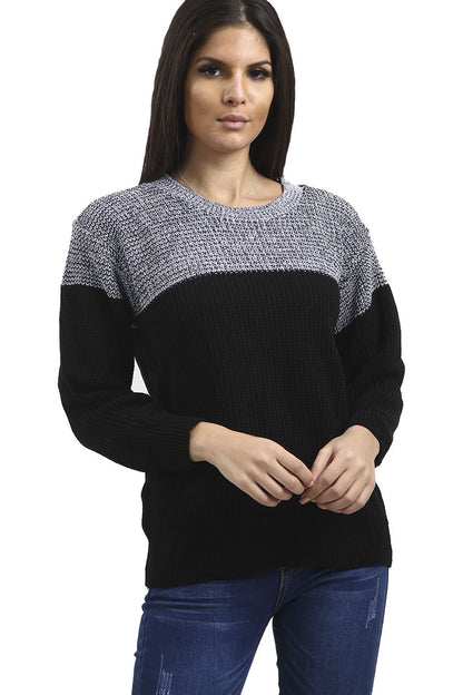 Womens Baggy Pullover Jumper Long Sleeve round Neck Contrast Block Stripe Top