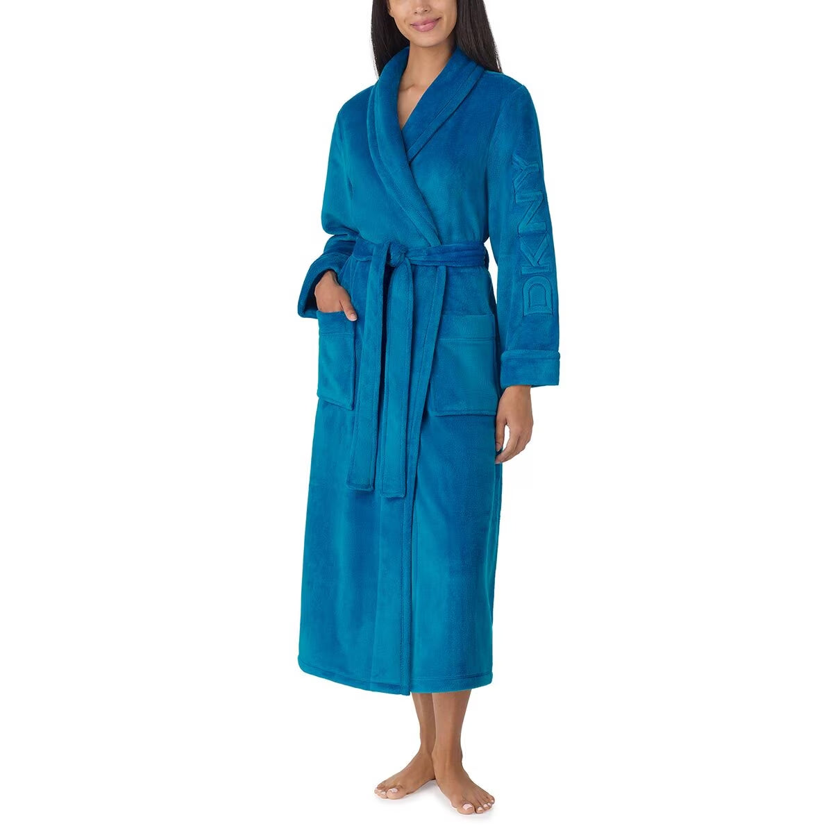 Shawl Collar Long Plush Robe in Blue