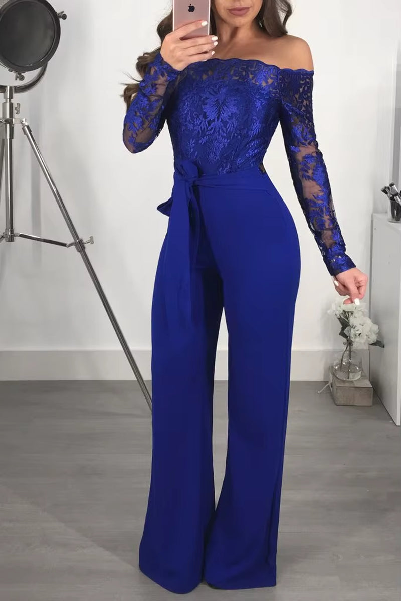 Appliques Lace Patchwork Jumpsuit Women Sexy off Shoulder Slash Neck Long Sleeve Elegant Wide Leg Pants Jumpsuit Party Overalls