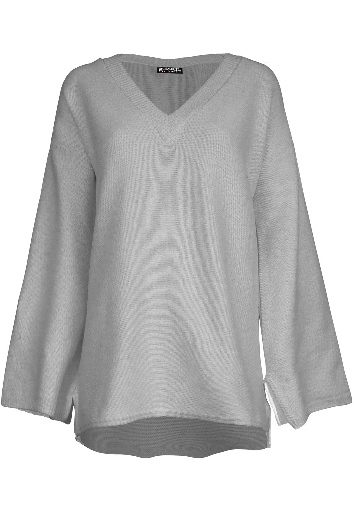 Womens Ladies V Neck Side Split Sleeve Hi Lo Oversized Baggy Knitted Jumper Top