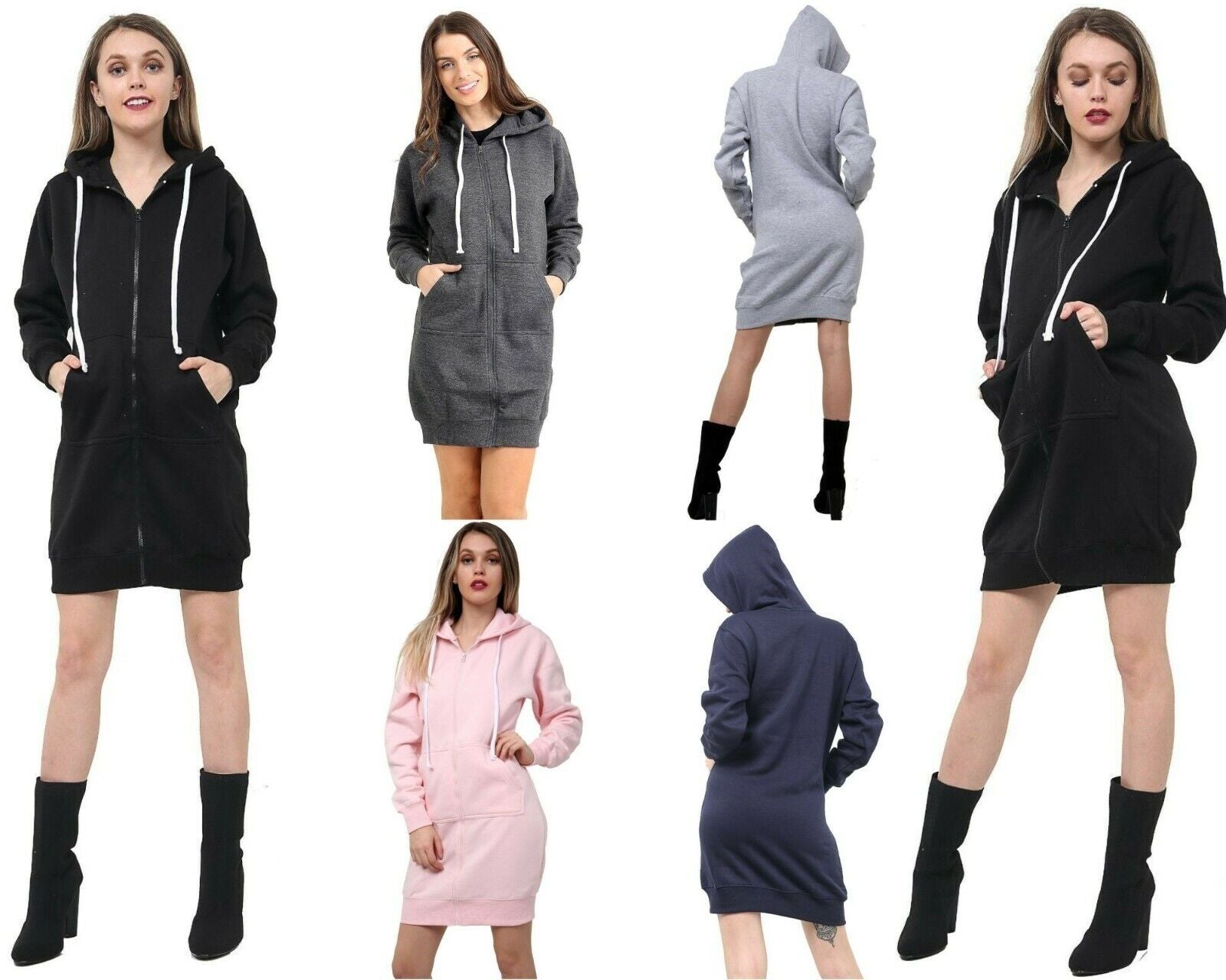 Women Hoodies Casual Zipper Sweatshirt Coat Ladies Long Hoodie Plain Mini Jumper