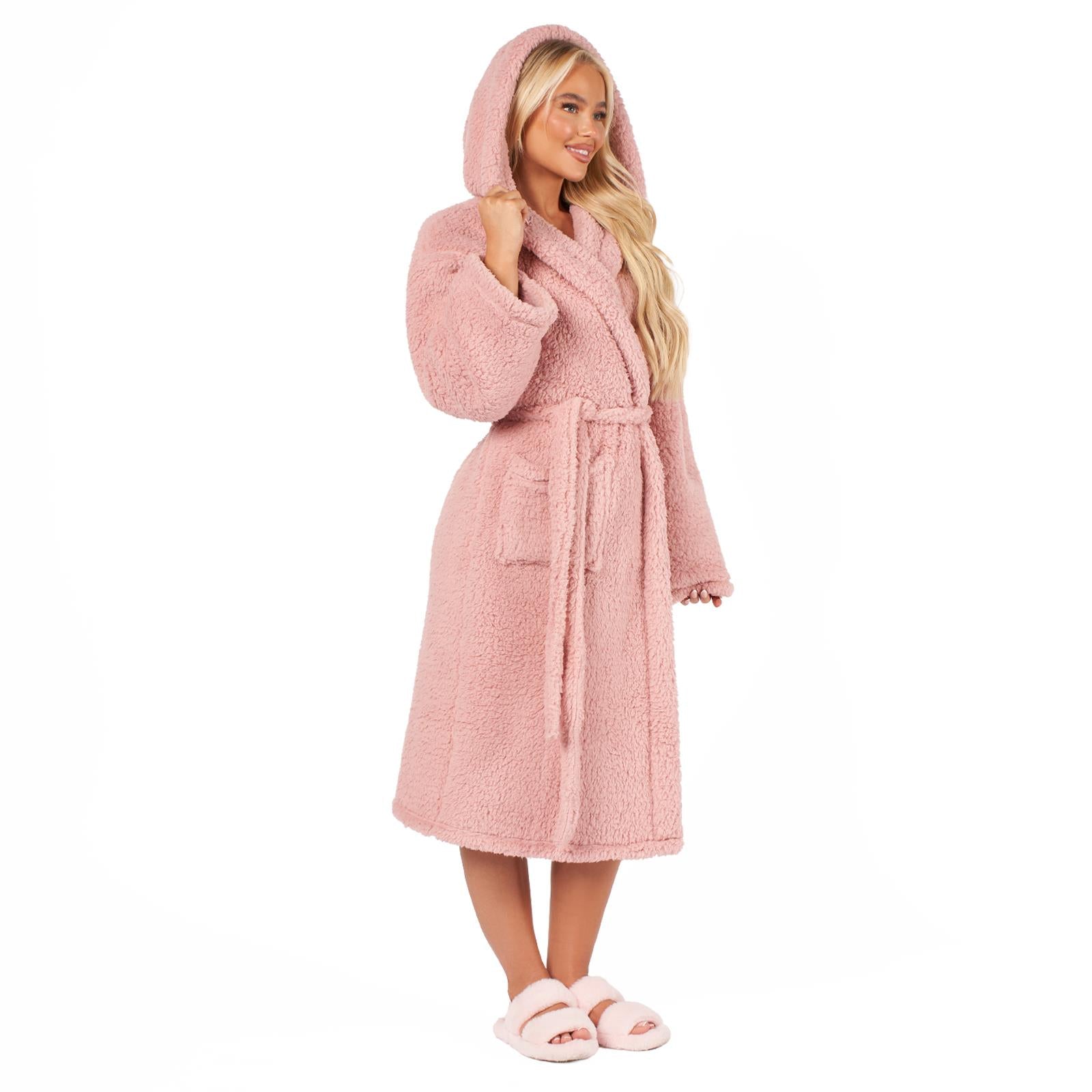 Teddy Fleece Long Dressing Gown Ladies Warm House Coat Hooded Long Cosy Robe