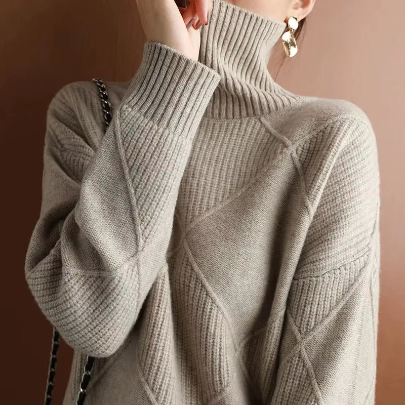 Autumn and Winter New Women'S Pullover Sweater Thickened Warmth Fashion Knitted Wool Sweater High Collar DF4845