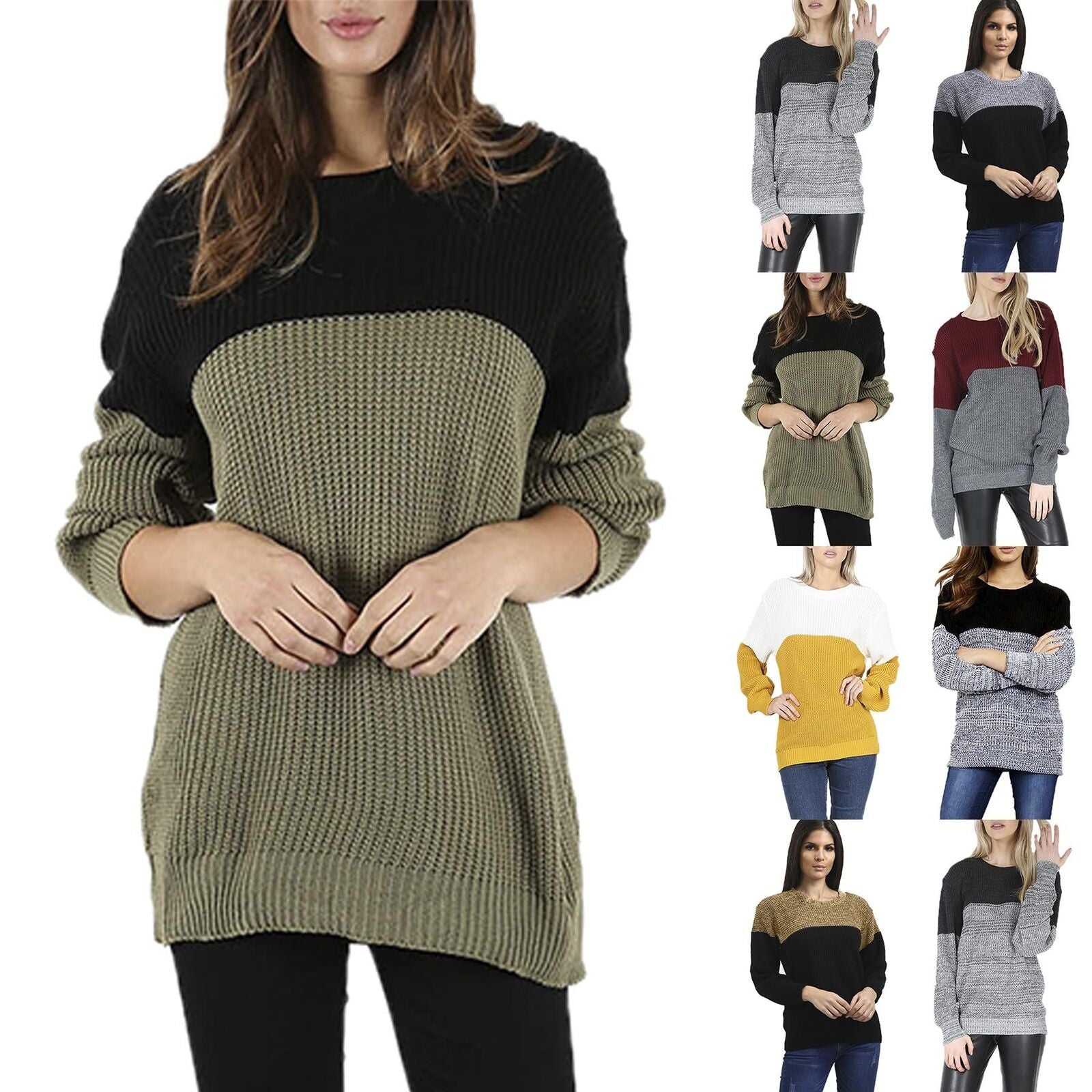 Womens Baggy Pullover Jumper Long Sleeve round Neck Contrast Block Stripe Top