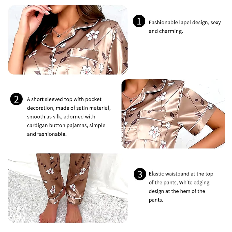 Women'S Floral Satin Pajama Set Short Sleeve Top with Pocket and Long Pants for Comfortable Loungewear and Sleepwear Home Wear