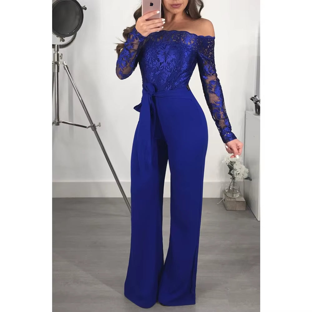 Appliques Lace Patchwork Jumpsuit Women Sexy off Shoulder Slash Neck Long Sleeve Elegant Wide Leg Pants Jumpsuit Party Overalls