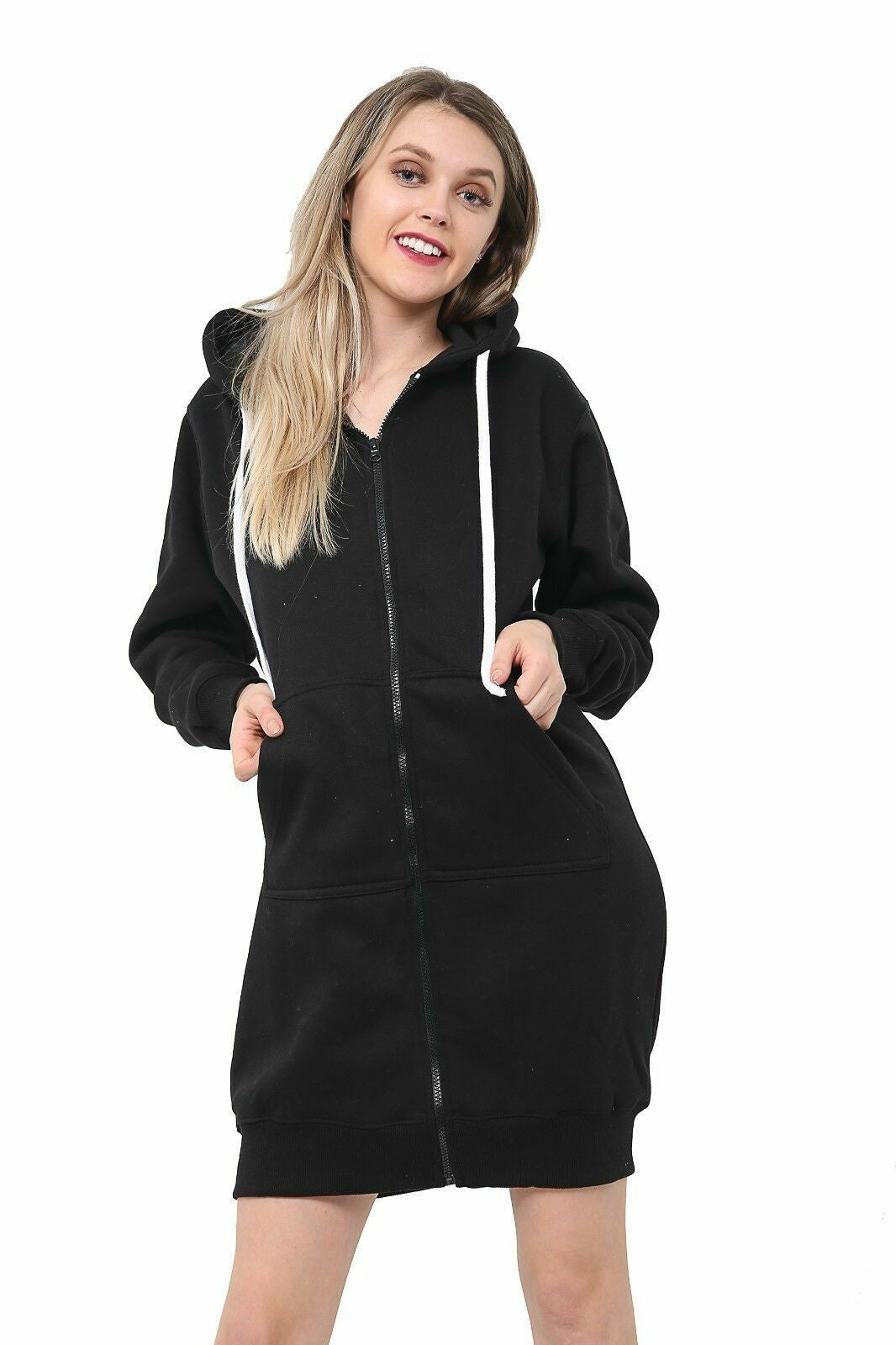 Women Hoodies Casual Zipper Sweatshirt Coat Ladies Long Hoodie Plain Mini Jumper