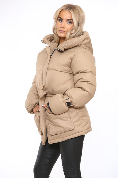 Womens Ladies Quilted Padded Winter Jacket Belt Puffer Zip Thick Warm Coat XS-XL