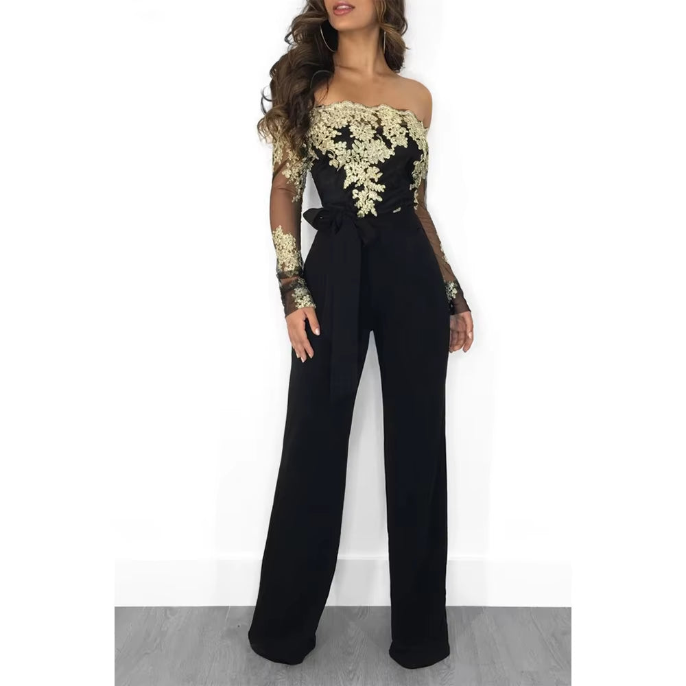 Appliques Lace Patchwork Jumpsuit Women Sexy off Shoulder Slash Neck Long Sleeve Elegant Wide Leg Pants Jumpsuit Party Overalls