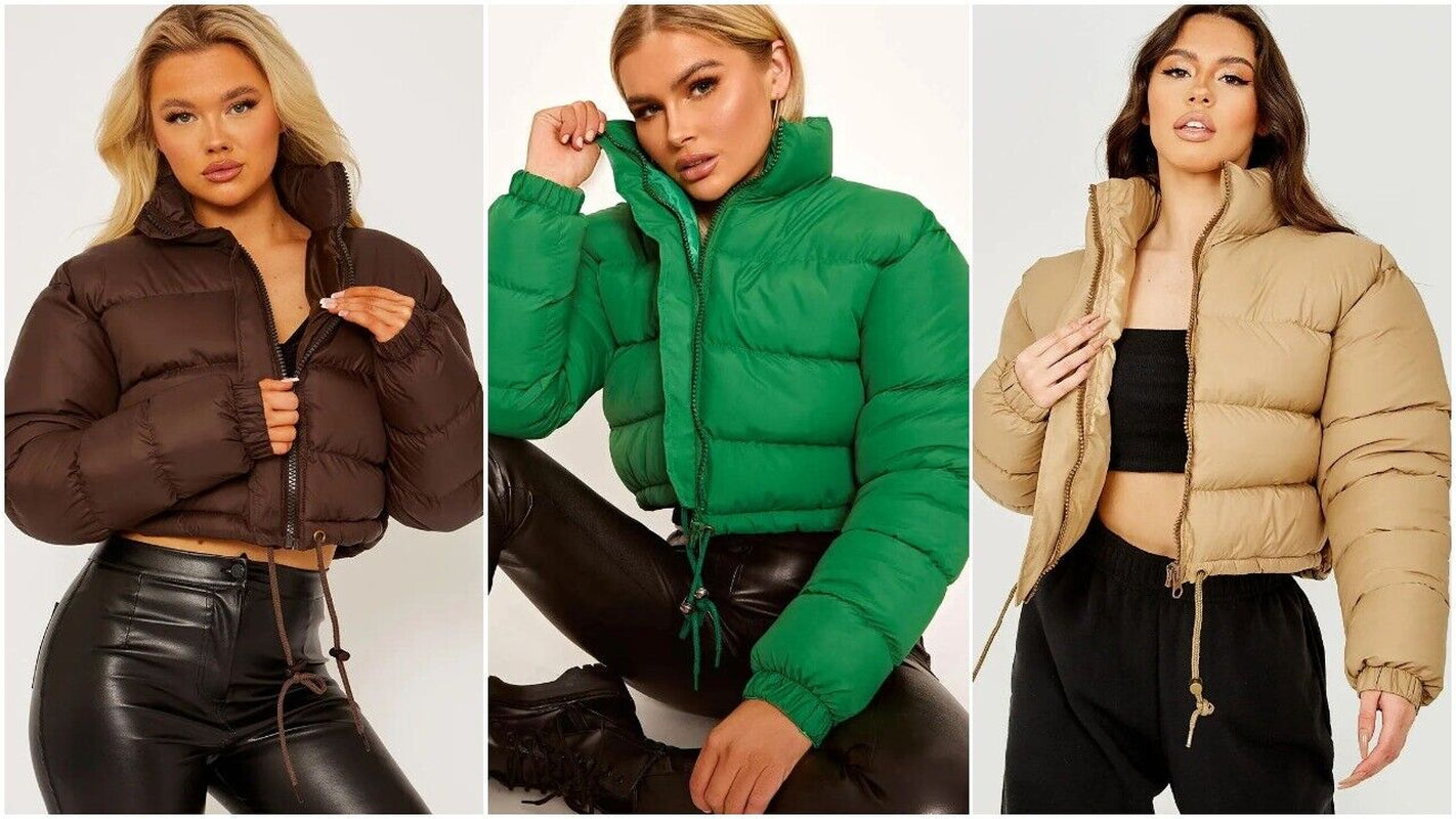 WOMENS LADIES QUILTED WINTER COAT THICK PUFFER PADDED CROP HOODED JACKET PARKA