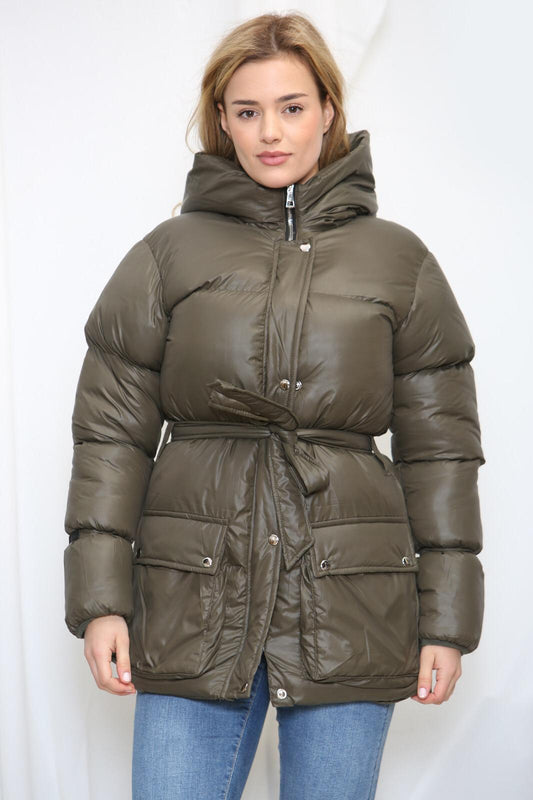 Womens Ladies Quilted Padded Winter Jacket Belt Puffer Zip Thick Warm Coat XS-XL