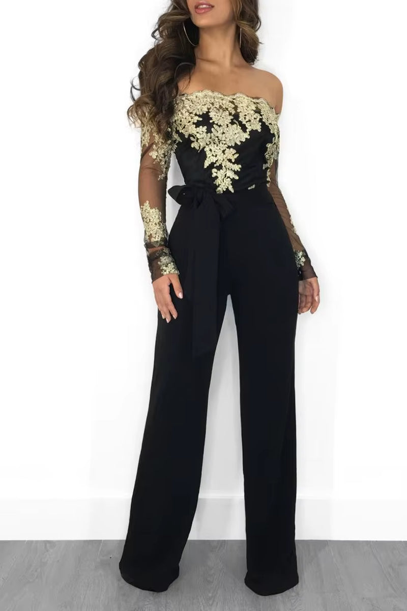 Appliques Lace Patchwork Jumpsuit Women Sexy off Shoulder Slash Neck Long Sleeve Elegant Wide Leg Pants Jumpsuit Party Overalls