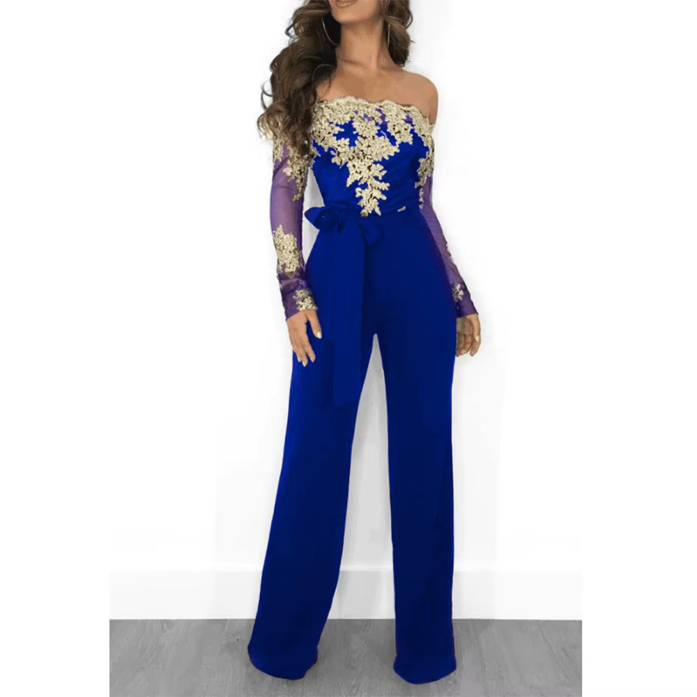 Appliques Lace Patchwork Jumpsuit Women Sexy off Shoulder Slash Neck Long Sleeve Elegant Wide Leg Pants Jumpsuit Party Overalls