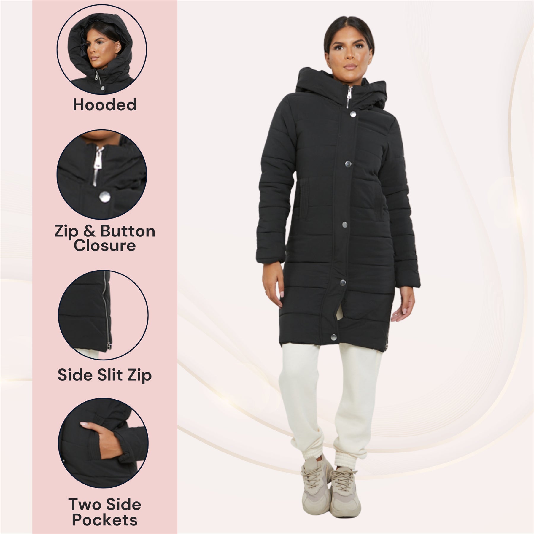 Womens Ladies Longline Hooded Jacket Long Sleeve Puffer Padded Bodywarmer Coat